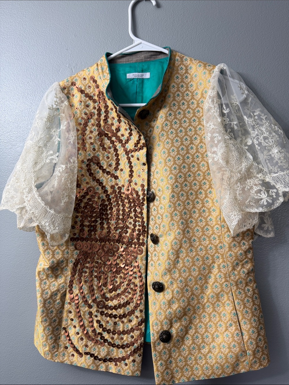Pollini Teal-Lined Yellow Brocade Jacket with Lace Sleeves 10